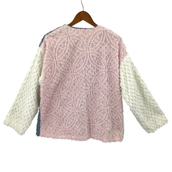 Handmade Women's XL Color Block Terrycloth Cardigan Jacket Blue Pink White - Picture 4 of 4